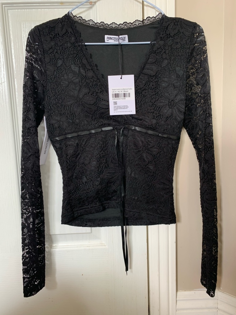 Princess Polly Black Floral Lace V-Neck Long Sleeve Top